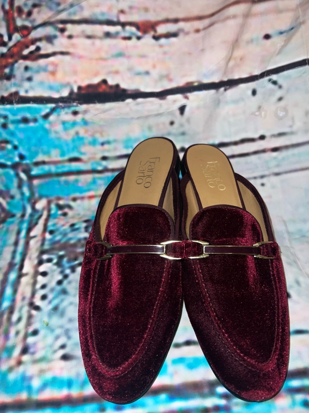 Franco Sarto Women's Burgundy Velvet Slip-On Mules with Gold Accent